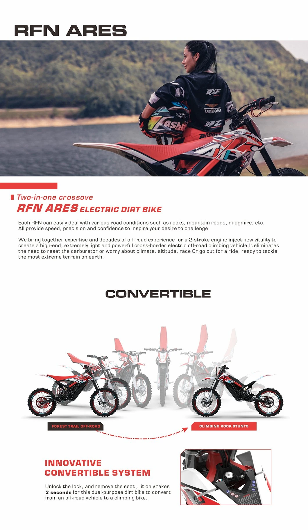 Rfn Ares Rally PRO Electric off Road Dirt Bike Electric Motorcycle with Lithium Battery Electric Motocross Electric Pit Bike Adult Apollo Motorcycle